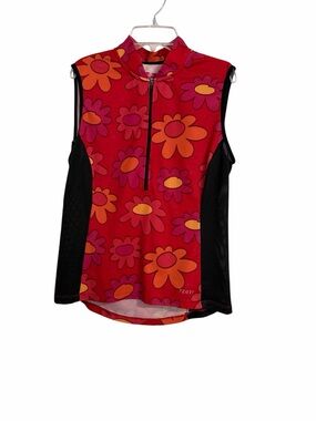 Terry Bright Red Floral Zip-Front Sleeveless Cycling Tank - L